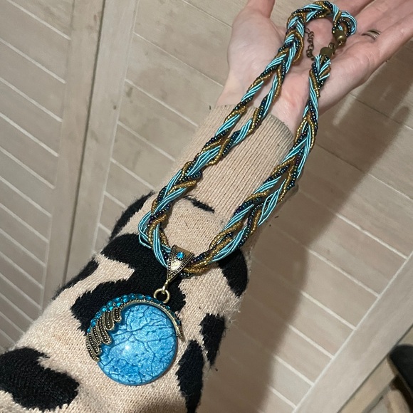 Blue Boho Circle Beaded Pendant - Picture 4 of 5